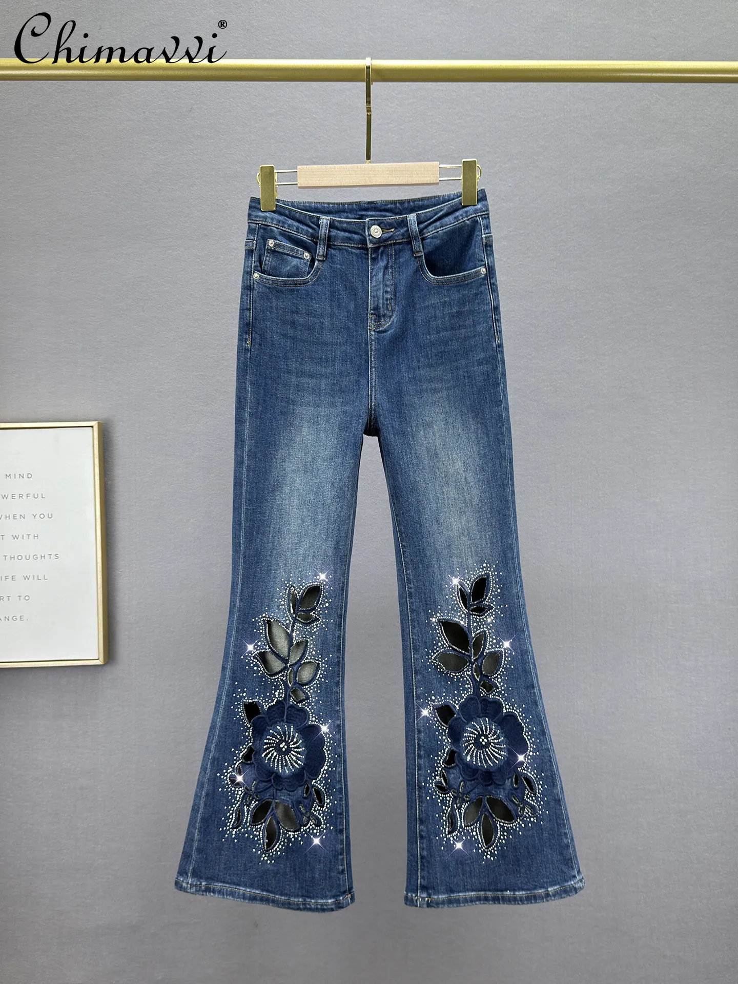 

Heavy Embroidered Rhinestone Jeans Women's Trousers 2026 Spring Summer New Fashion High-waisted Slimming Retro Flare Jeans