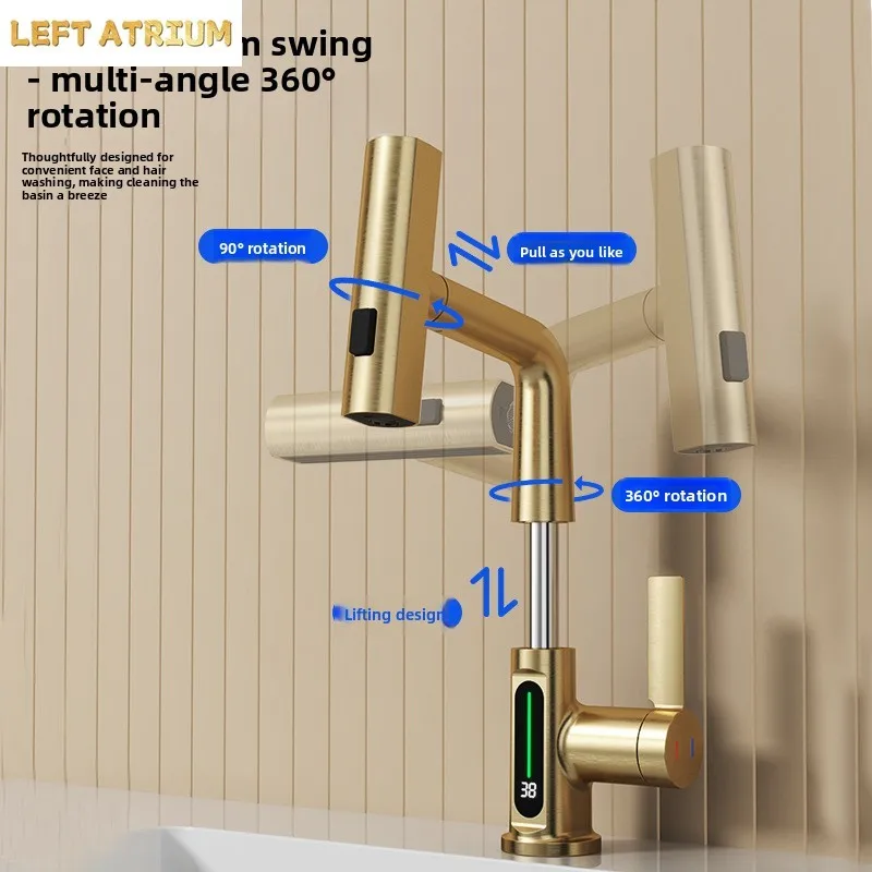 Digital Display Hot/Cold Dual-Use Pull-Out, Height-Adjustable, Swivel Bathroom Faucet