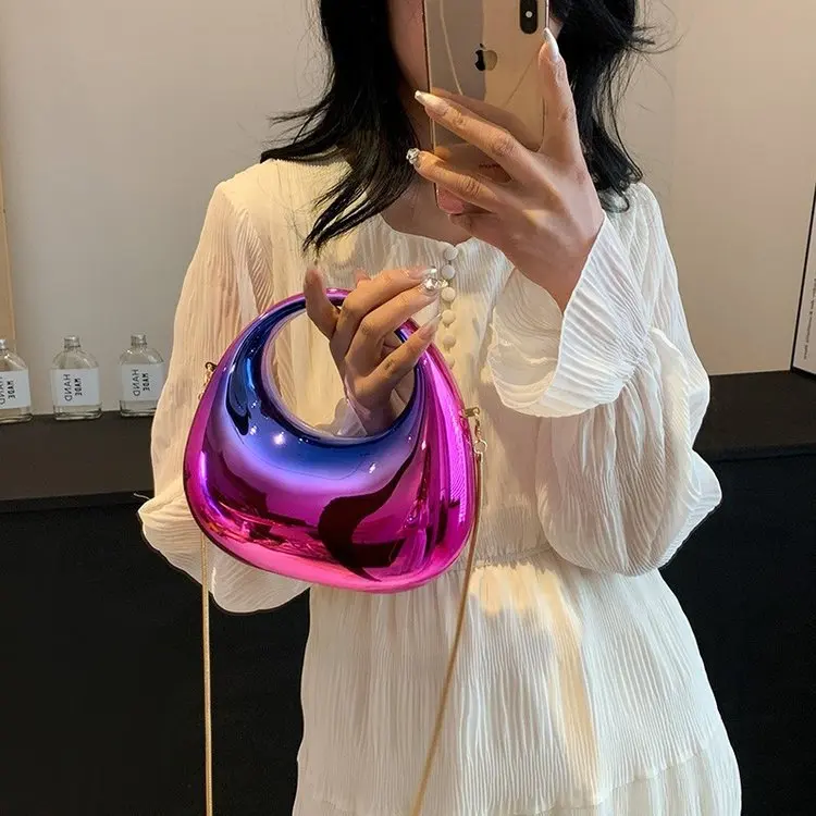 

New mini gold evening handbag PVC metallic luster half-moon party women's bag small and versatile round handle messenger bag