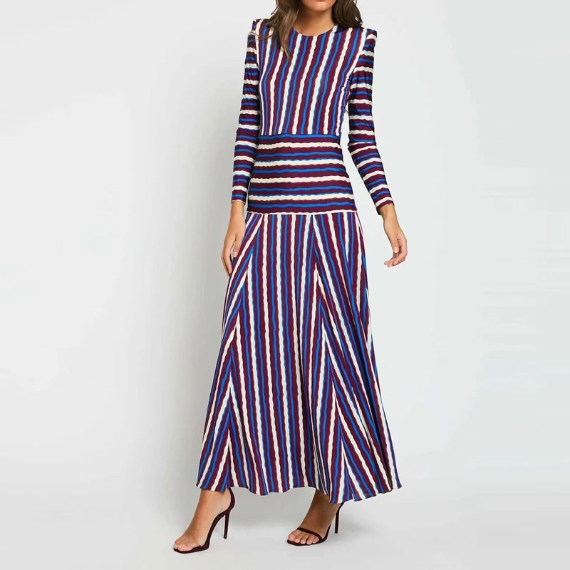 Women Elegant Striped Print Slim Vacation Dress Pads Shoulder Long Sleeve Women Long Dress Fashion Round Neck Swing Party Dress
