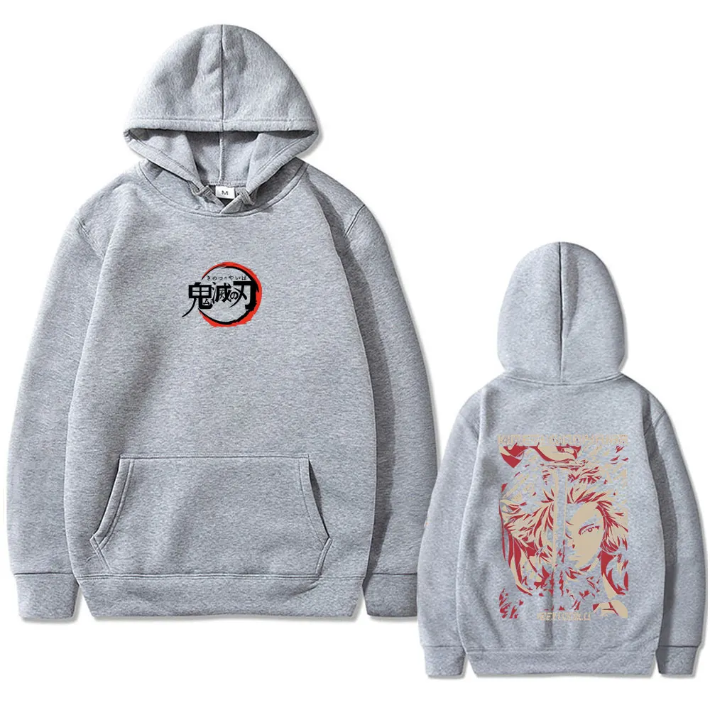 Anime Demon Slayer Rengoku Kyoujurou Double Sided Print Hoodie Men Women Casual Fleece Oversized Streetwear Male Vintage Hoodies