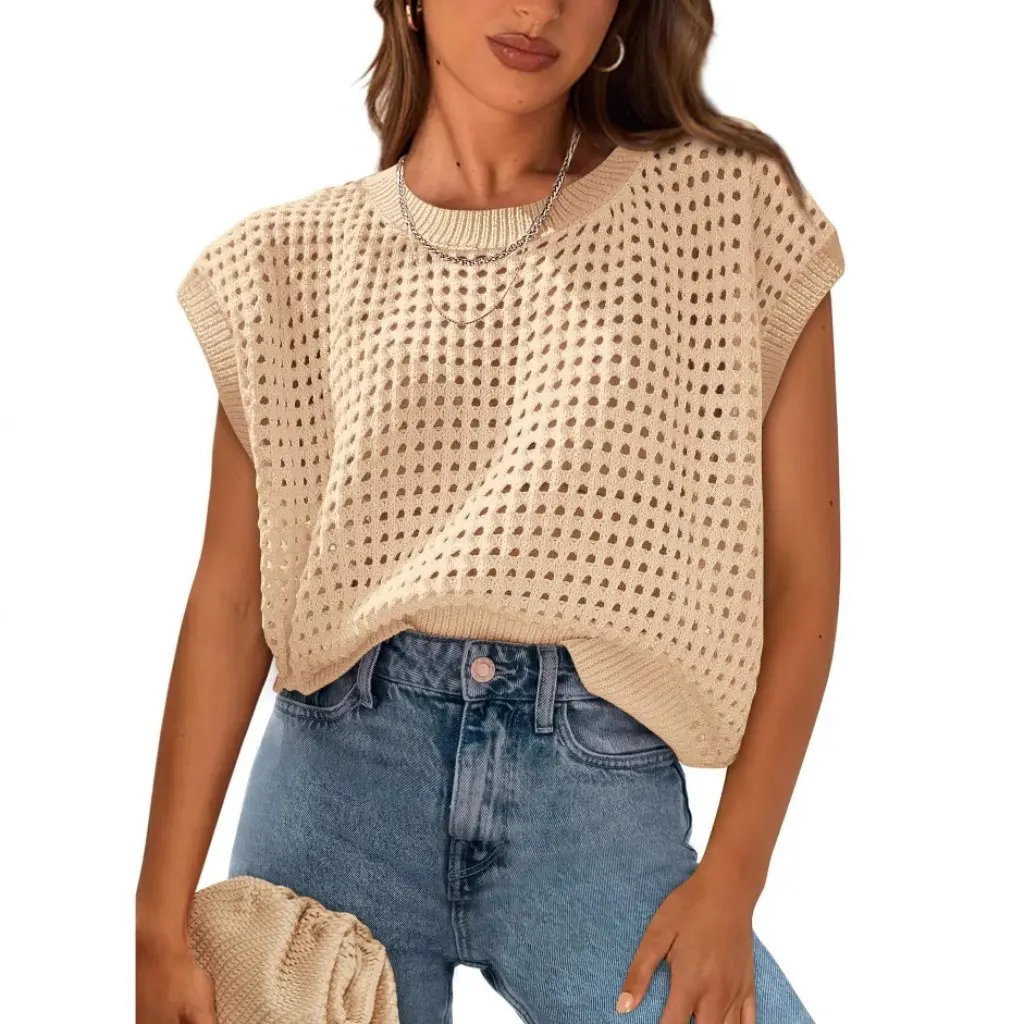 

Blue Crochet Cap Sleeve Pullover Beach Blouse Spring Top Cross Border Style for Women Open Cardigan Sweater