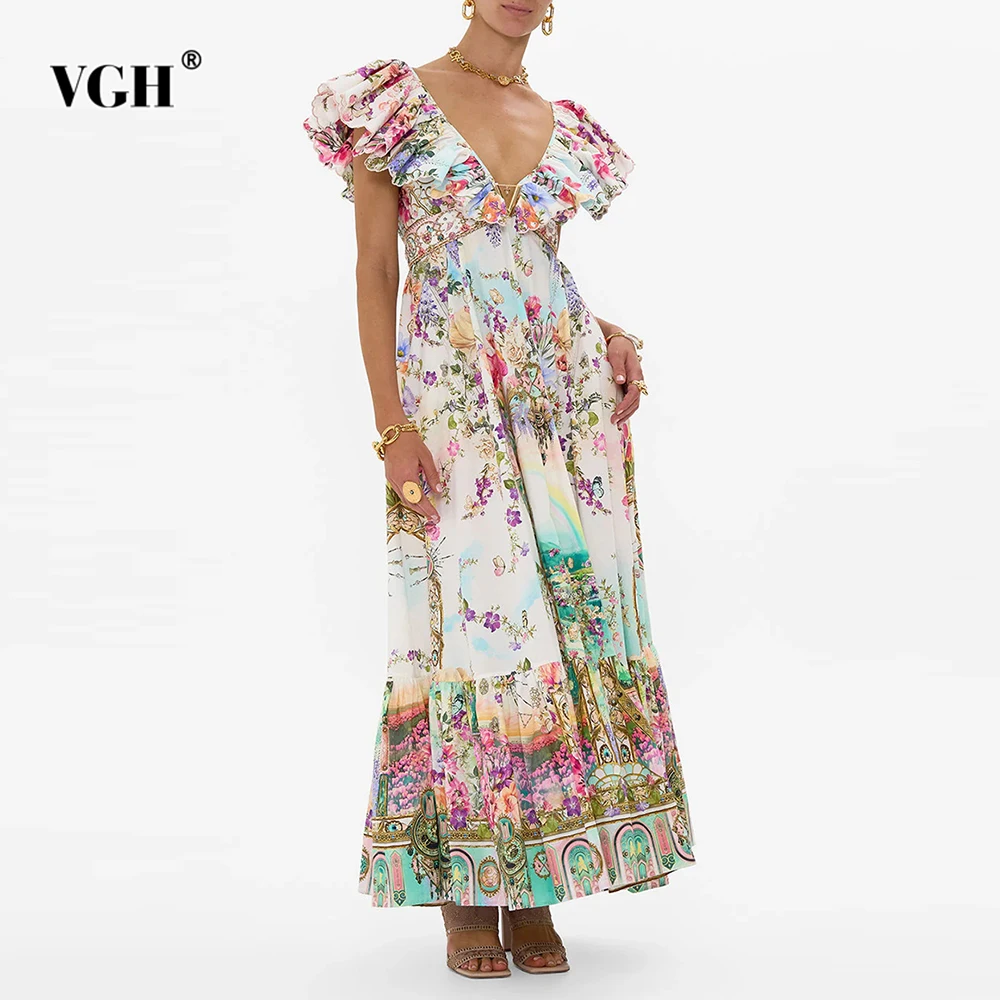 

VGH Colorblock Vintage Long Dress for Women V Neck Short Sleeve High Waist Temperament Spliced Fold Hem Dresses Female Fashion