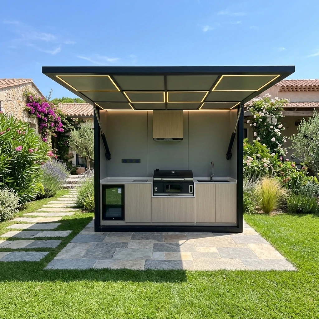 Outdoor Patio Kitchen Island With Electric Lift Up Roof And Stainless Steel 304 Sink Fridge Storage Cabinet
