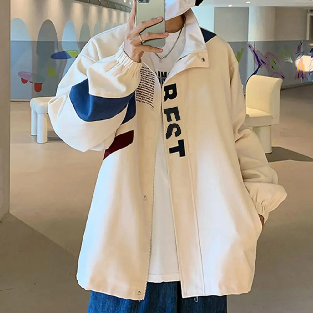 

Zipper Placket Jacket Hip-hop Style Trench Coat Men's Stand Collar Trench Coat Stylish Letter Print Colorful for Spring