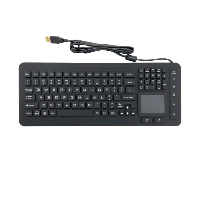 IP68 Waterproof LED Backlight Black Rugged Industrial Medical Silicone Keyboard with Touchpad