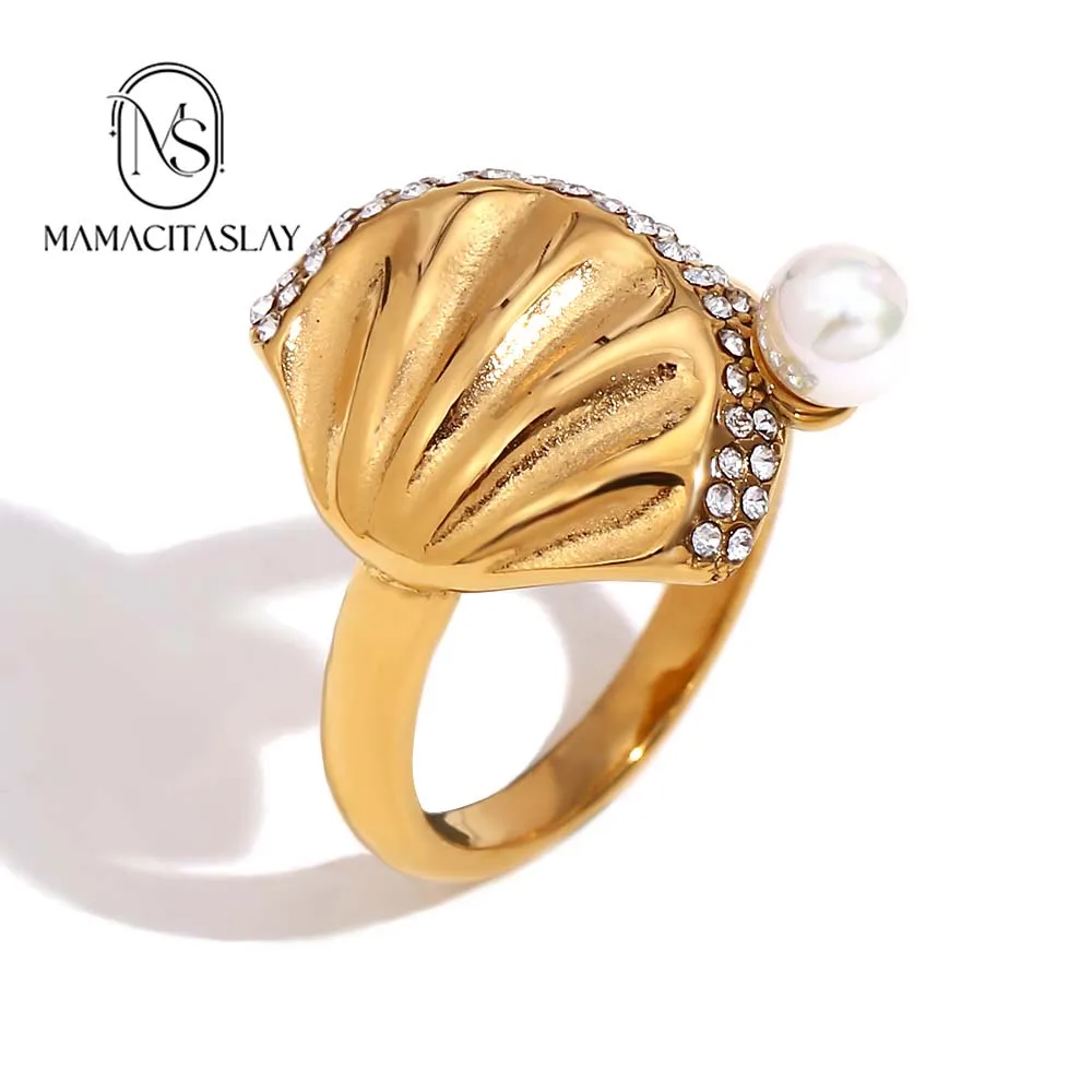 MamacitaSlay Elegant sparkling scallop imitation pearl Rings Tarnish Free Titanium Stainless steel jewelry woman Accessories