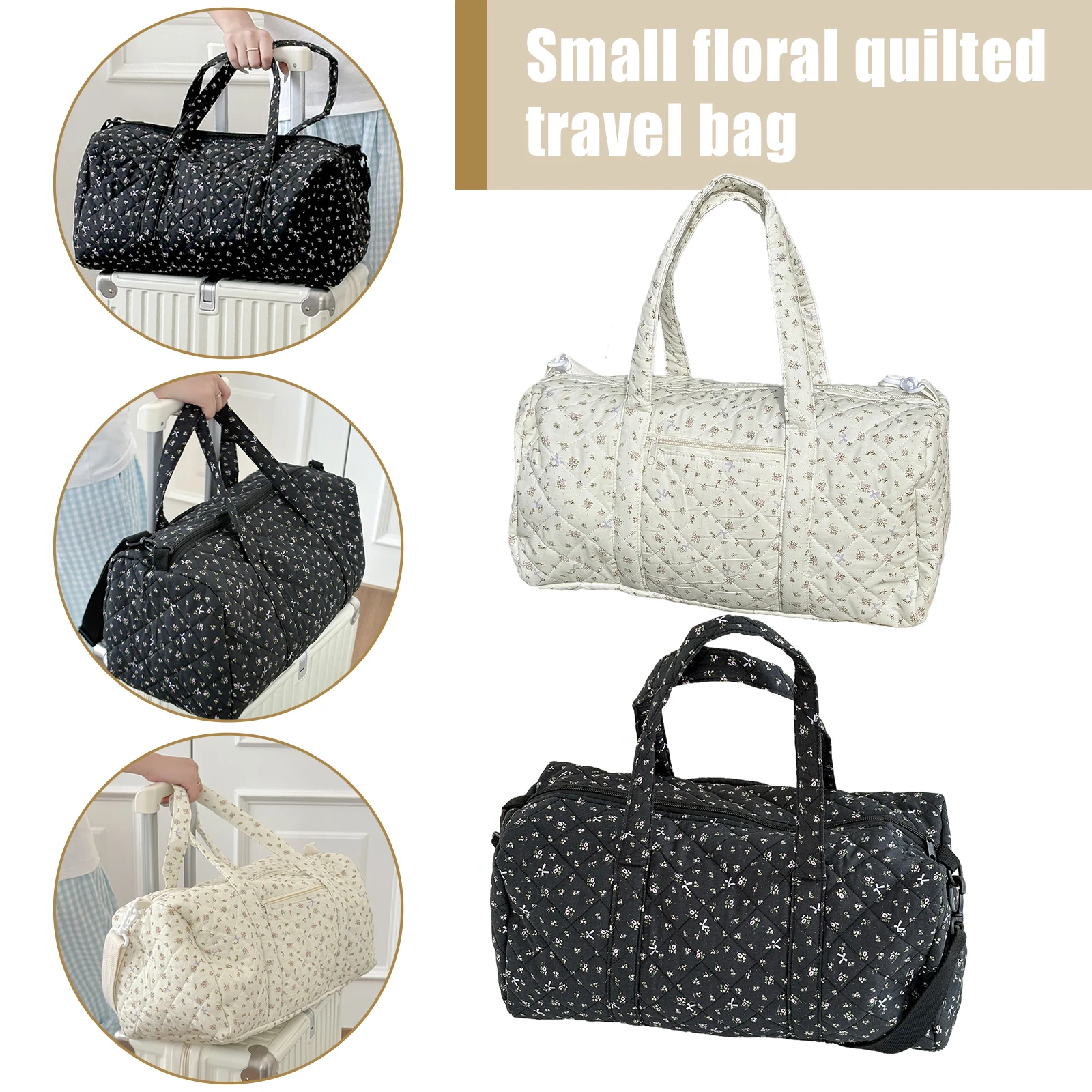 

Cotton Quilted Travel Bag with Zipper Overnight Bag Floral Print Tote Bag for Women Weekend Travel