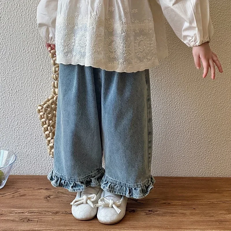 Kids Jeans Girls New 2024 Spring  Autumn Childrens Fashion Casual Wide-leg Pants Lace Princess Sweet and Lovely