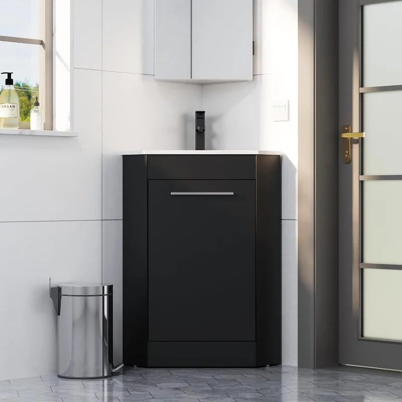 Combinação de pia de banheiro de canto de 26 "para espaço pequeno Armário de armazenamento autônomo com pia de resina branca e preto fosco