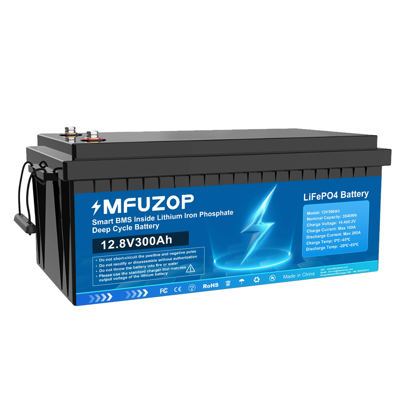 Datouboss LiFePO4 300Ah 12V Deep Cycle Batterij met ingebouwde BMS, hoge prestaties voor zonne-energie, omvormer, HESS, 3840Wh