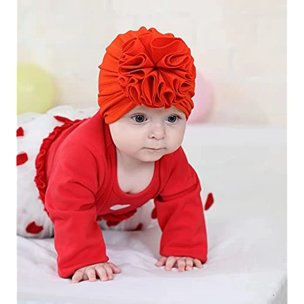 Cute Solid Big Flower Bow Beanie Turban Hats Caps Headwraps for Baby Girls Infants Toddlers Kids Children Hair Accessories Gifts