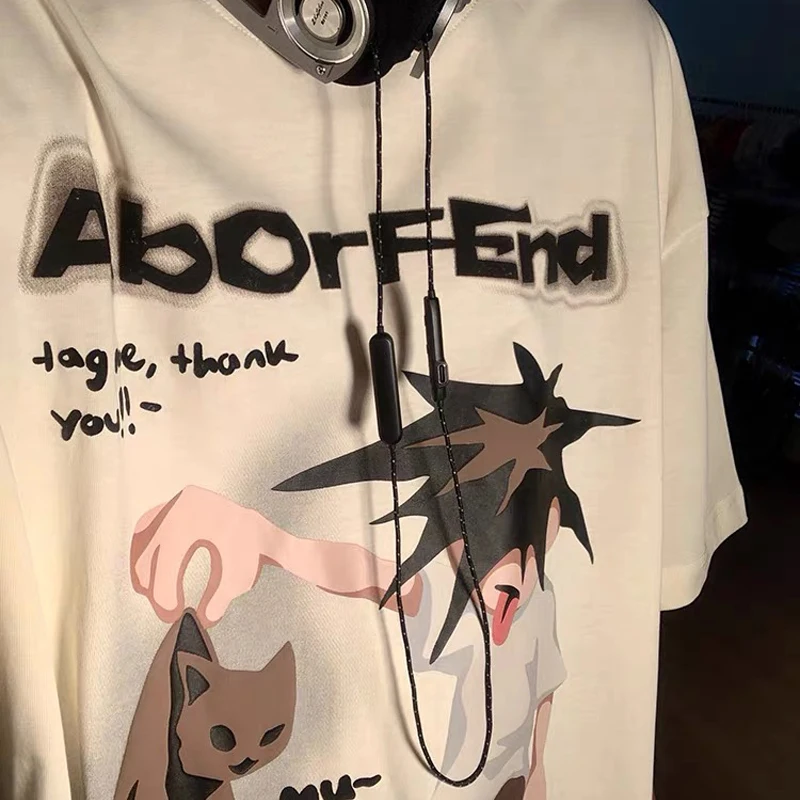 American Street Fun Cat Print Short Sleeve Shirts Loose T-Shirts for Men and Women Trendy Y2K Clothes Hip Hop Shirts for Women
