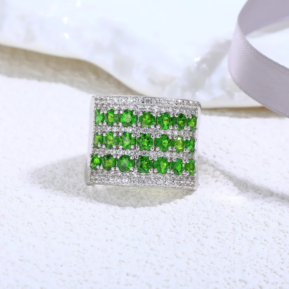 GZ ZONGFA Chrome Diopside Ring 925 Sterling Silver Natural for Women Green Big Wide Rhodium Plated Fine Jewelry Rings Gifts