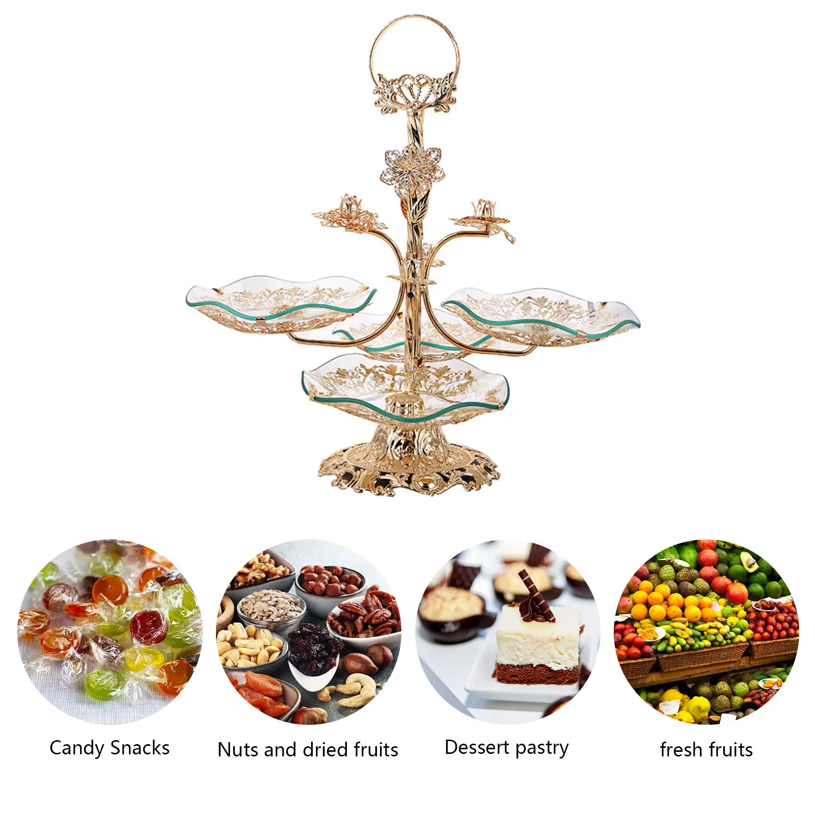 4 Tier Cake Stands , Gold Fruit Bowl Tray Holder Dessert Stand Cake Plate with Round Glass Plate & Stainless Steel Holder