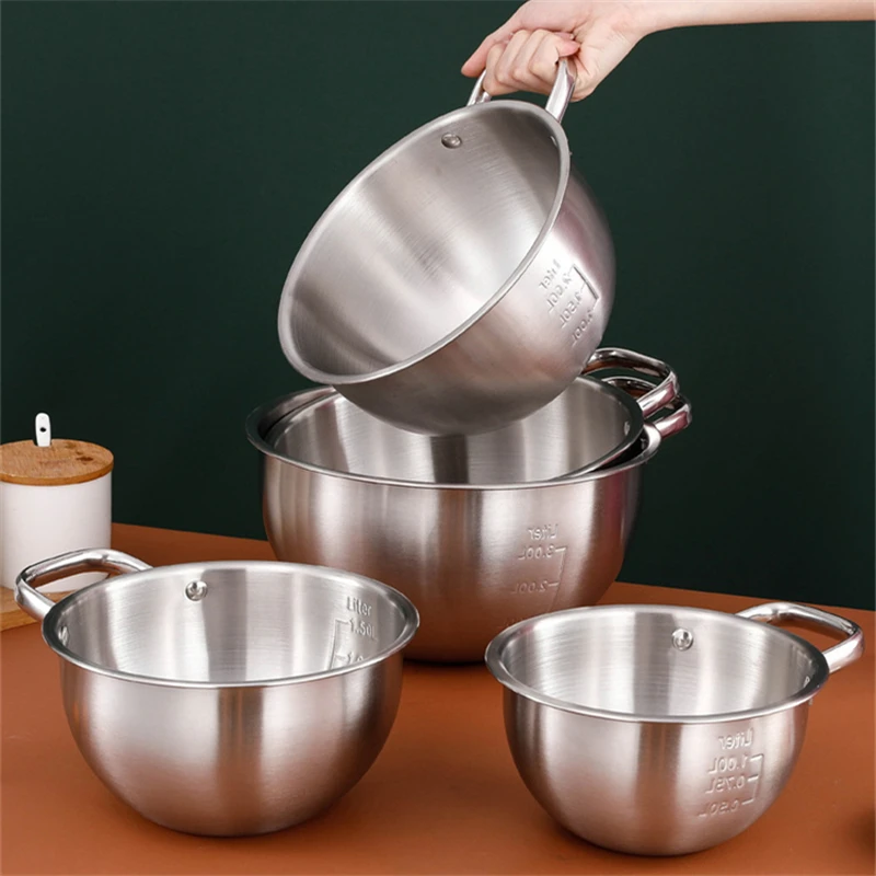 Stainless Steel Salad Mixing Bowls with Handle Non-Slip Bottom Egg Beater Flour Basin Tableware Food Container Kitchen Utensils