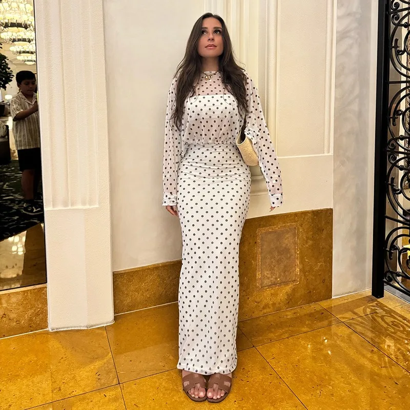 

Talenza Vintage Polka Dot Maxi Dress Women's Sexy Lace-Up See-Through Mesh Dress Elegant Luxury Patchwork Party Vacation Dress