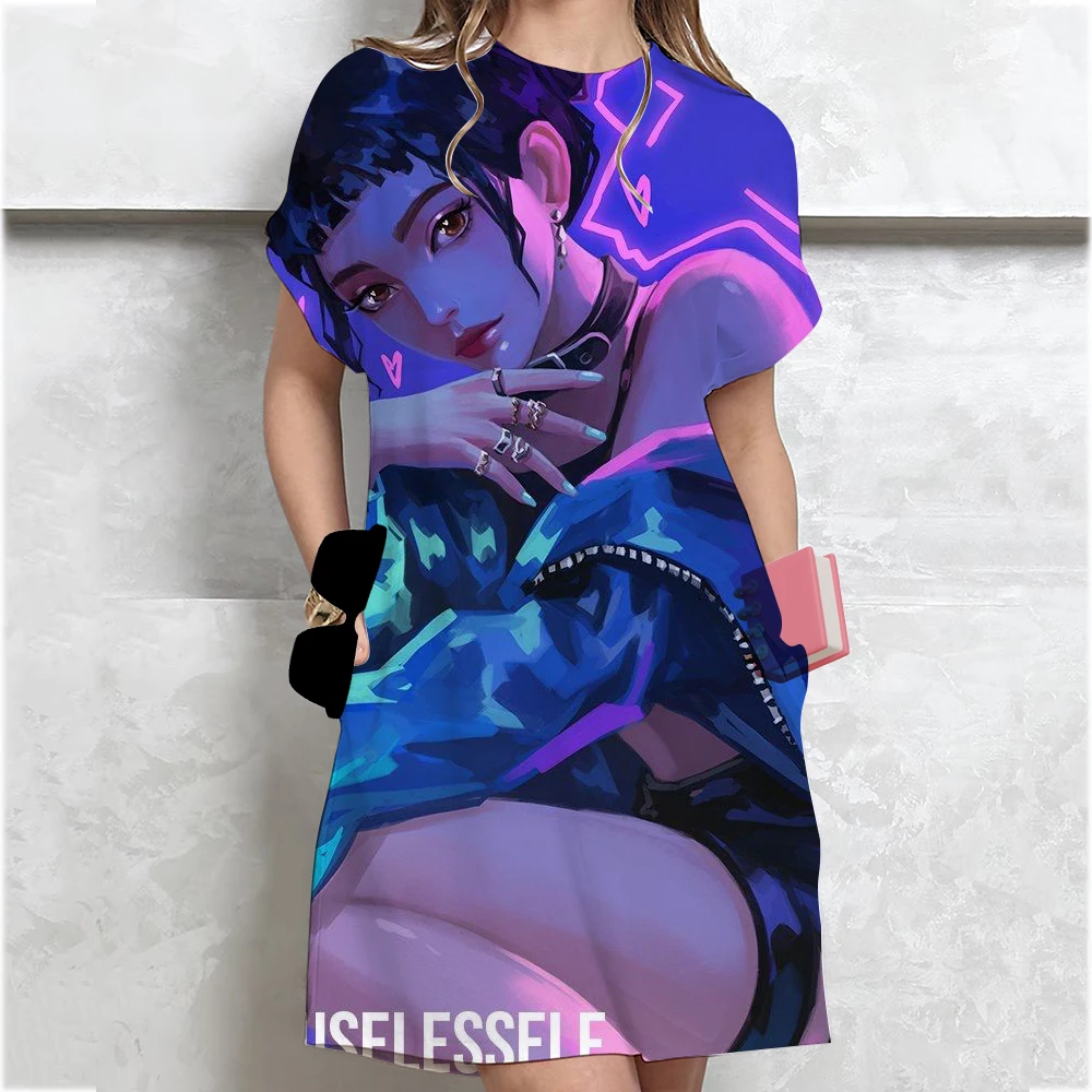 فستان Kpop Demon Hunters Huntrix فستان نسائي فضفاض غير رسمي برقبة دائرية وأكمام قصيرة فستان قصير فضفاض أنيق لحفلات الشاطئ والعطلات