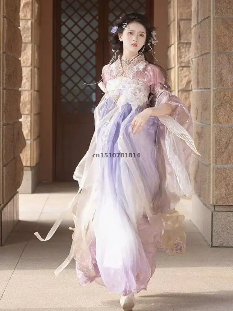 

Женский костюм Ханьфу в стиле династии Тан с вышивкой и градиентным фиолетовым переходом, традиционный китайский карнавальный костюм для Хэллоуина, 2026 год