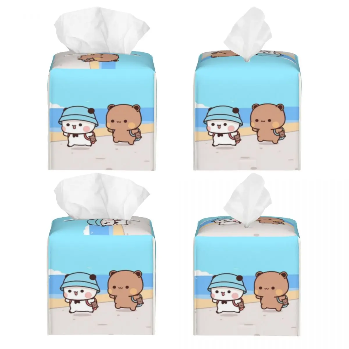 Custom Cartoon Peach And Goma Mochi Cat Facial Tissue Box Cover Square PU Leather Tissue Box Holder for Car Toilet