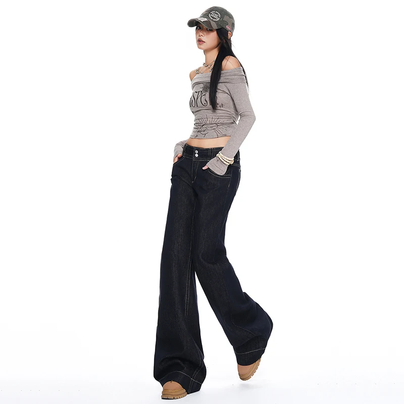 Y2K Low Rise Denim Slim Straight Flare Jeans Women American Vintage Long Trousers Extra Long Length Retro Casual Streetwear