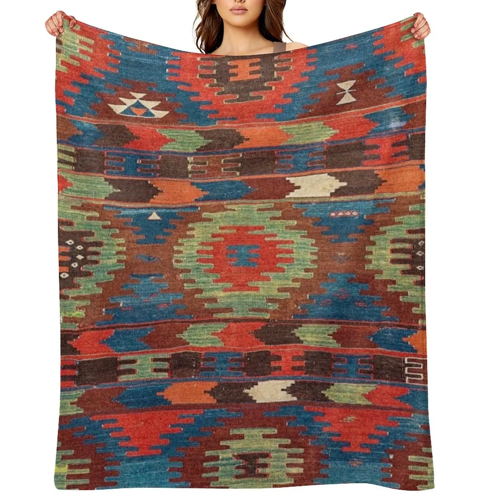 

Tuscan Shapes I // 19th Century Southwestern Colorful Red Blue Orange Green Brown Ornate Rug Pattern Throw Blanket