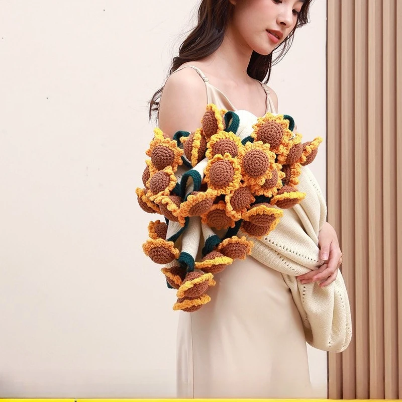 Handmade Crochet Sunflower Blanket Gift for Teacher Home Decor Simulation Flower Bouquet designer vintage picnic nap blanket
