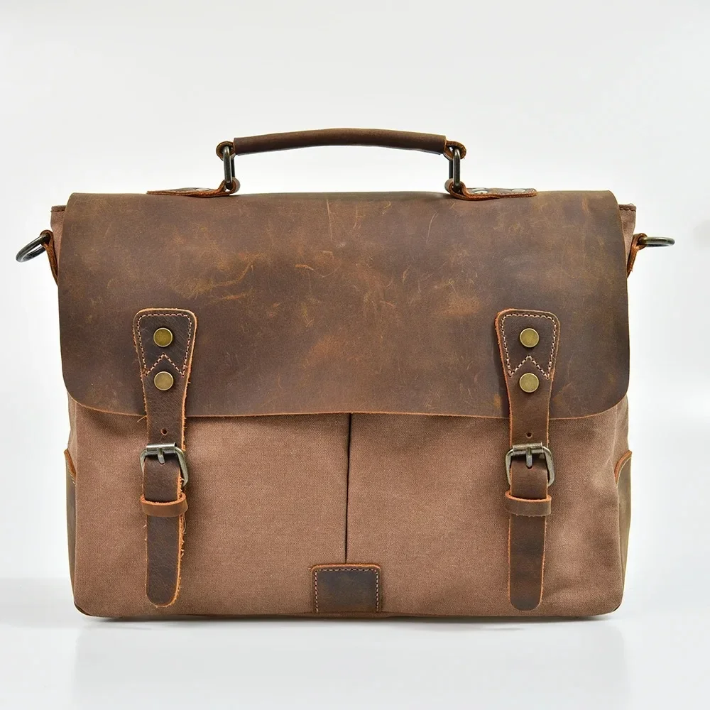 Hoge Kwaliteit Draagbare Aktetas Leer Met Canvas Amerikaanse Retro Messenger Tas Schouder Messenger Tas Multi-Purpose