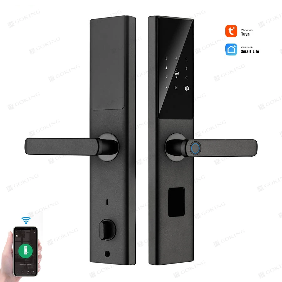 Goking Cheap Price Tuya Smart Digital Fingerprint Biometric Lock Security Door Lock Rfid Ic Card Wifi App Combination Home Black