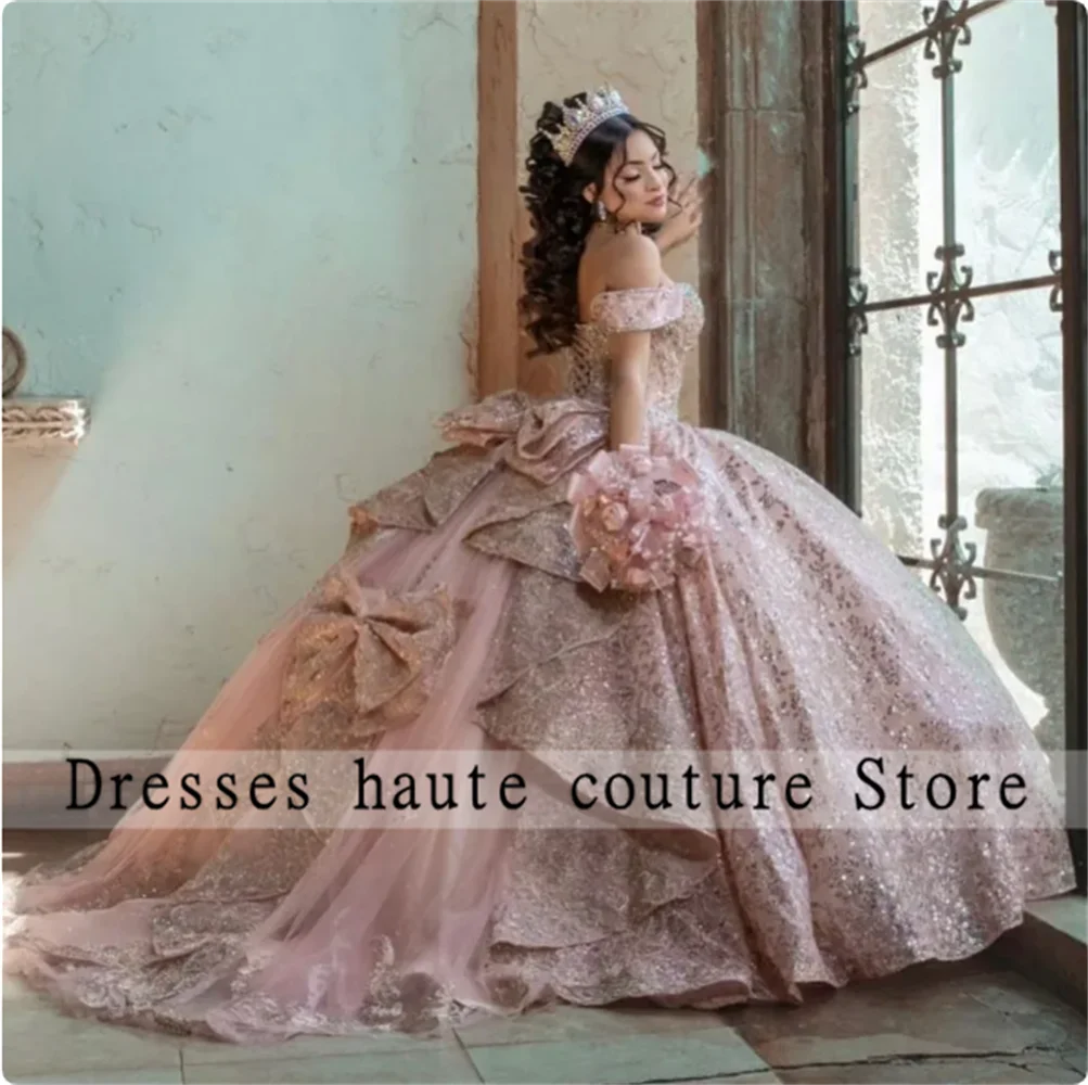 Pink Ball Gown Quinceanera Dress 2023 Tulle Appliques Flowers Bow Off Shoulder Sweet 15 16 Years Birthday Party Formal Dresses