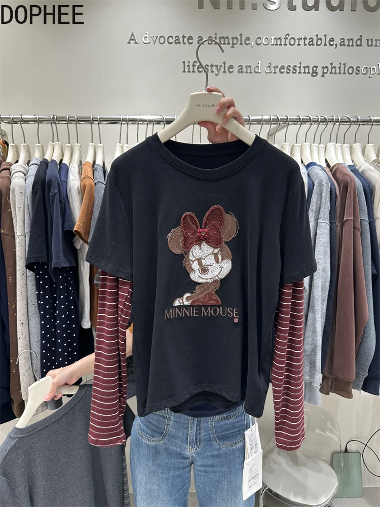 

2025 New Autumn Faux Two-piece Stripes Long Sleeve T-shirt Women Round Neck Pullover Top Embroidery Cartoon Loose Cotton Tshirts