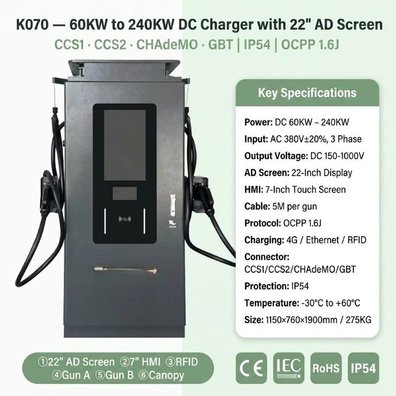 Customized 60/120/240KW DC Fast EV Charger Double 22 Inch AD Screen CCS1 CCS2 EMO GBT OCPP1.6J 4G RFID IP54 -30C 60C Floor Charg