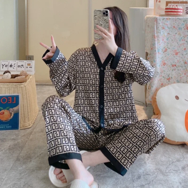 

2024 New Women's Ice Silk Pajama Homewear Long Sleeve Two-piece set Spring Summer Loose and Comfortable Pajamas Suit Femme Satin