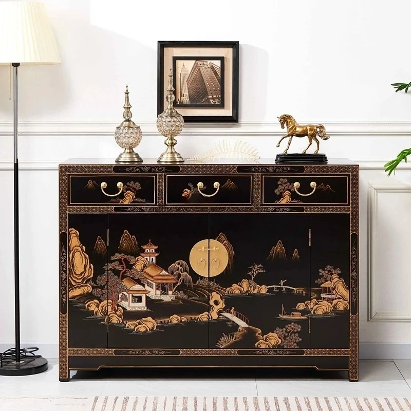 New Chinese classical hand-painted furniture foyer entrance cabinet three buckets double door shoe cabinet