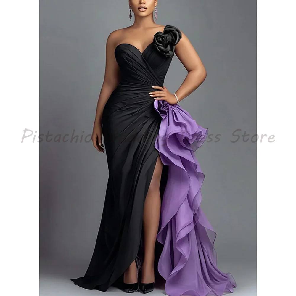 

Black Purple One Shoulder Mermaid Evening Dress 2026 Luxury 3D Flower Ruffle High Slit Formal Prom Gown For Women