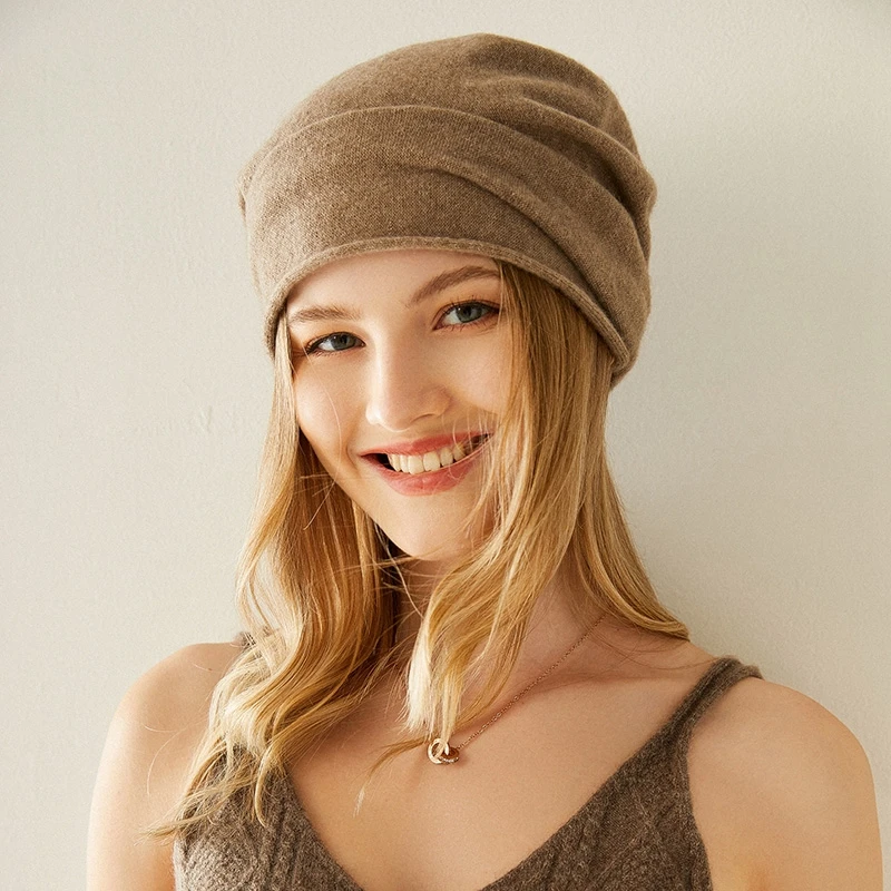 New Unisex Cashmere Hat Curled Cap 100% Pure Cashmere Pullover Cap Fashionable Thin Stacked Cap