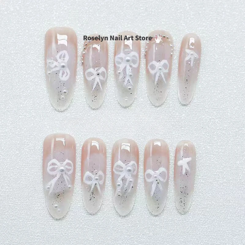 Handmade Pure Hand-worn Nail Ice Through Gradual Change Powder Bow Advanced Sense Light Luxury Gentle Nail Art