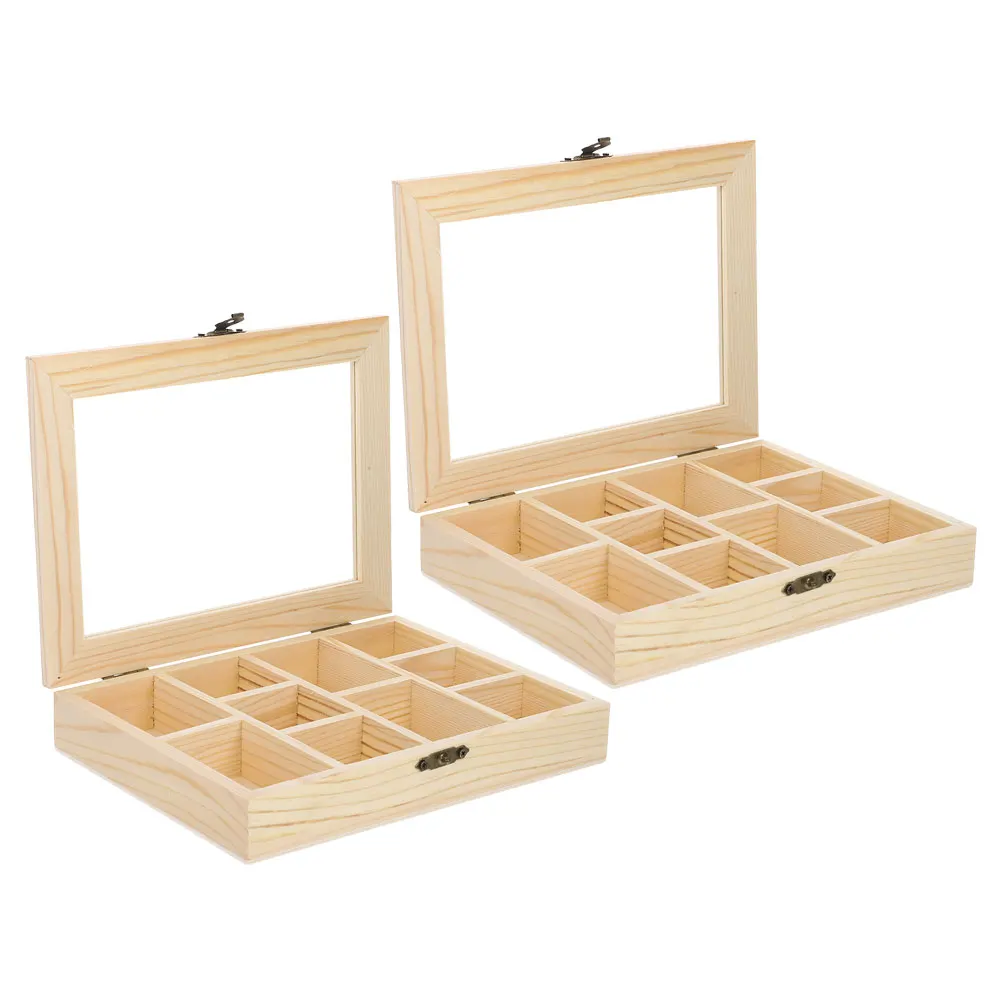 

2pcs 'S Diy Craft Box 10-Compartment Transparent Lid Natural Wood Jewelry Storage Organizer Unfinished Wooden Box For