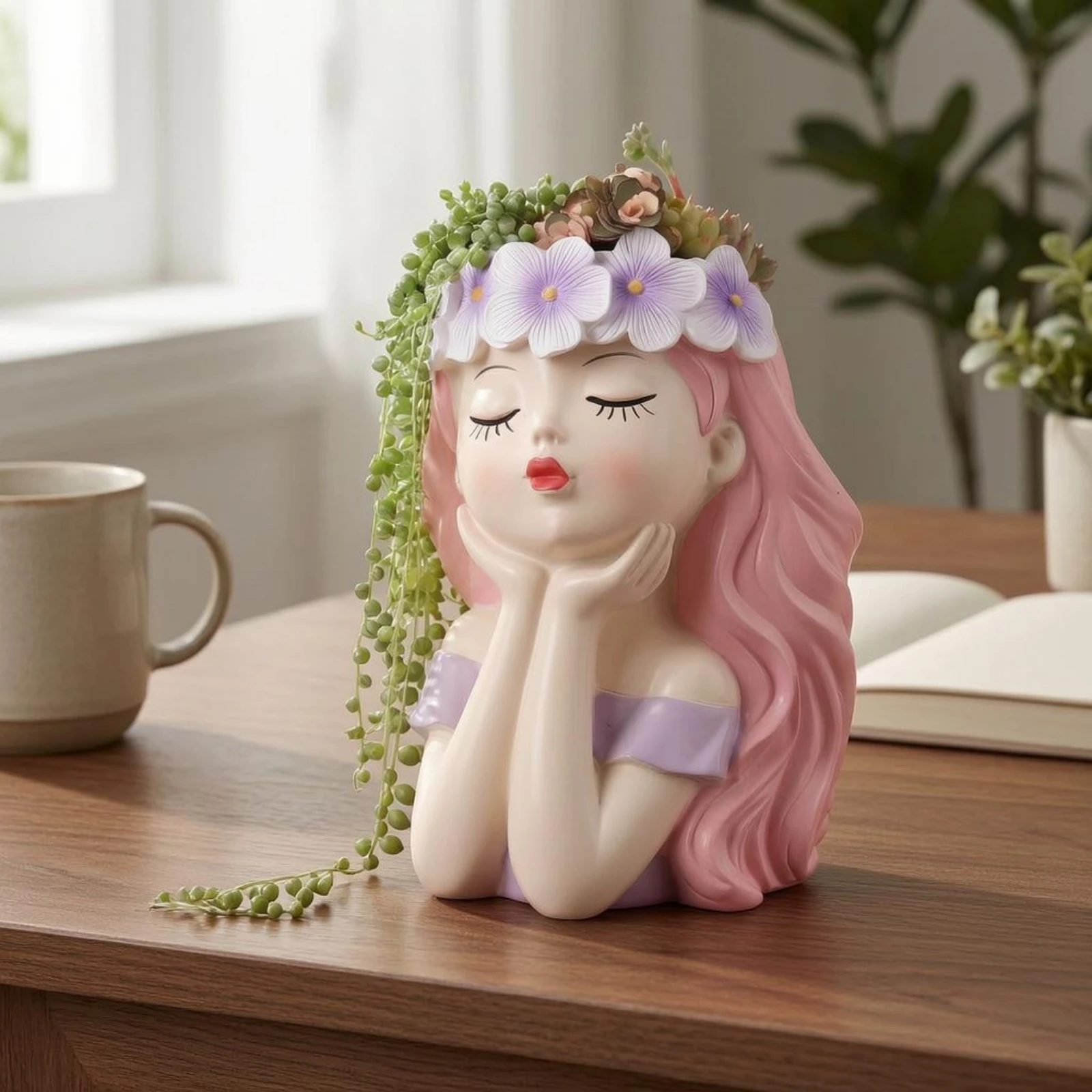 Girl Flowerpot Decorative Girl Face Planter Plant Container Cute Home Decor Artistic for Balcony
