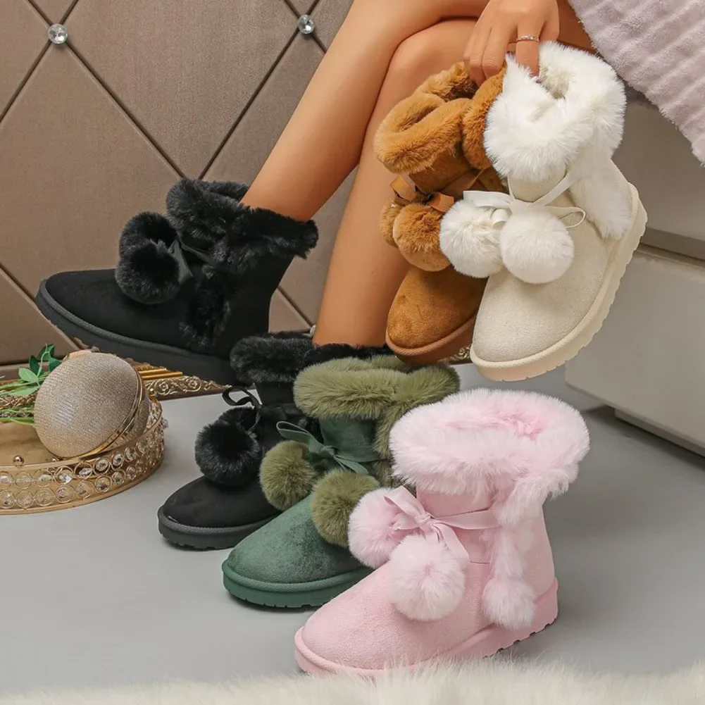Cute Fur Ball Platform Snow Boots Women Warm Long Plush Faux Suede Winter Boots Woman Plus Size 43 Non Slip Cotton Padded Shoes