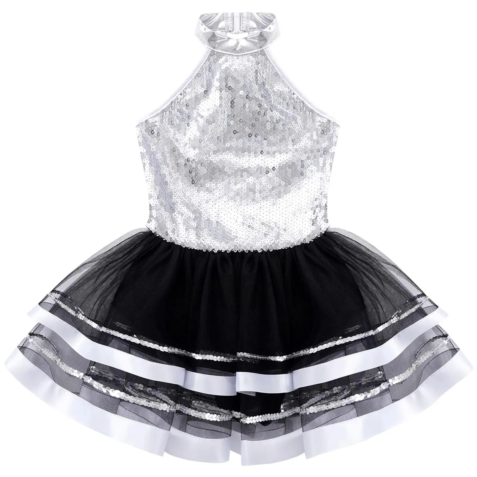 4-16Y Girls Ballet Tutu Skating Gymnastics Dance Leotard Dress Sleeveless Shiny Sequin Mesh Party Stage Performance Dancewear