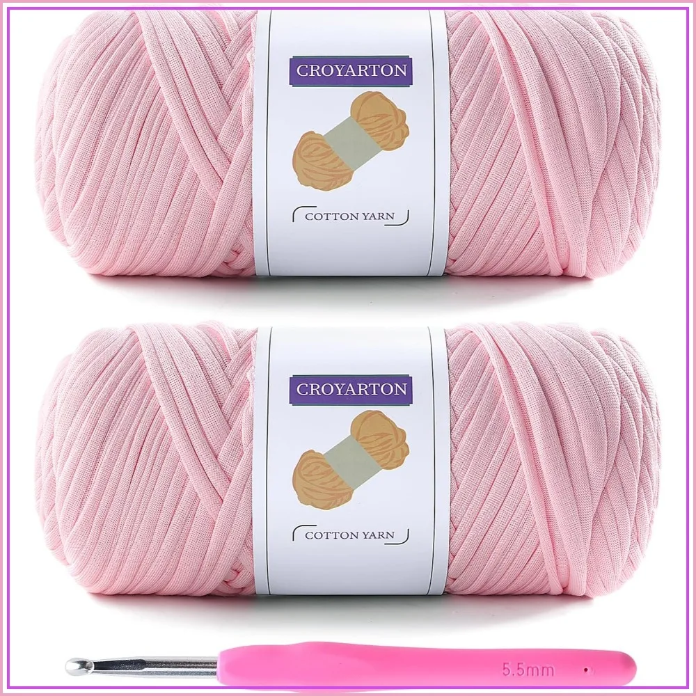 2-Pack Elastic T-Shirt Yarn with 5.5mm Hook, 130yds Total, Cherry Blossom Powder - Perfect for Crochet Bags & Home Decor