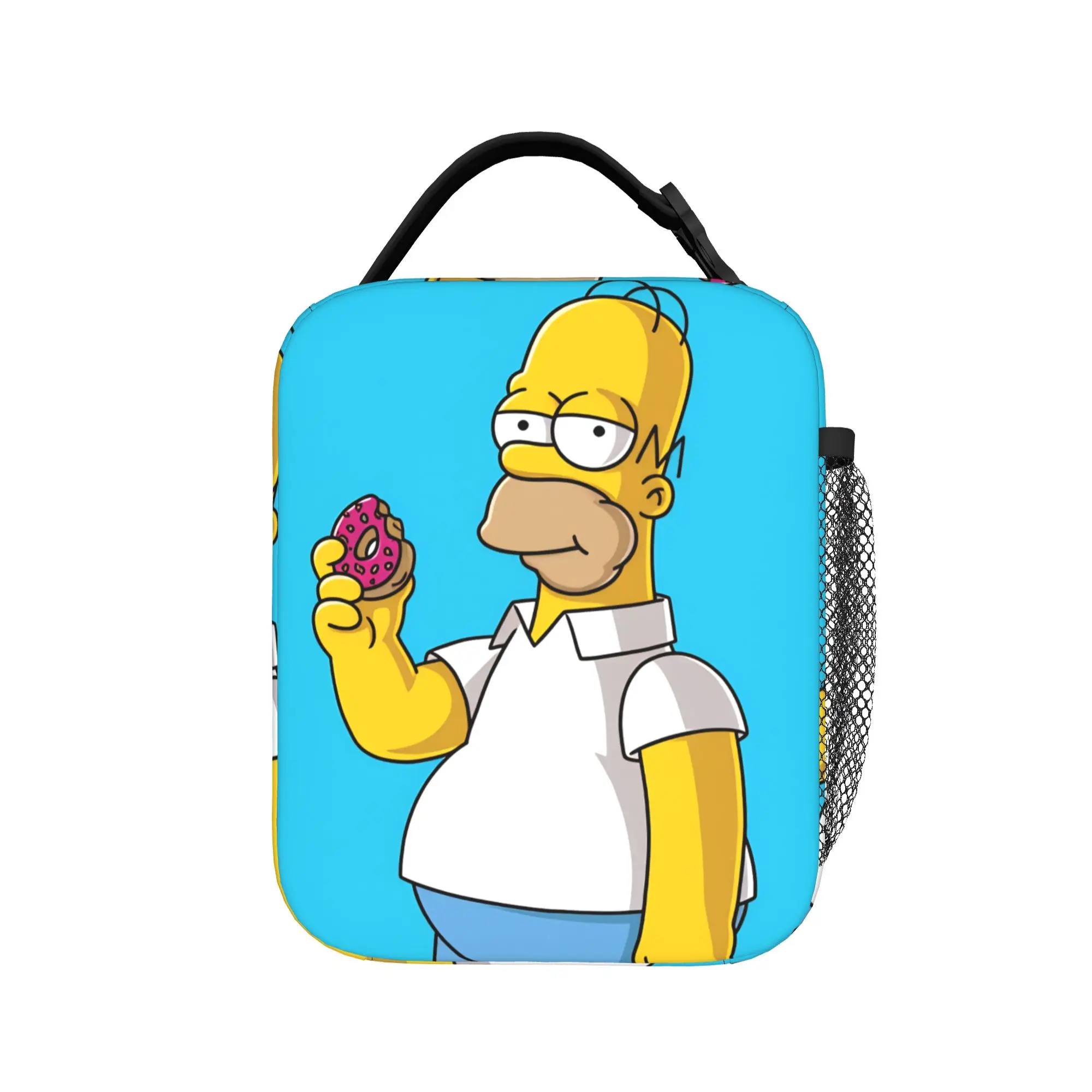 Homer S-Simpsons Holding Pink Donut Lunch Bag Outdoor Picnic Lunch Box For Women Leisure Thermal Tote Handbags Zipper Cooler Bag