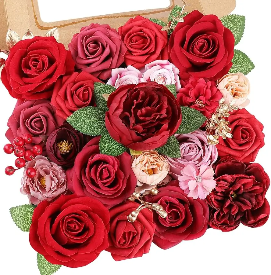 

Red Artificial Flowers Combo Silk Mix Peony Rose Fake Flowers w/Stem for Valentine's Day DIY Wedding Bouquets Centerpieces Table