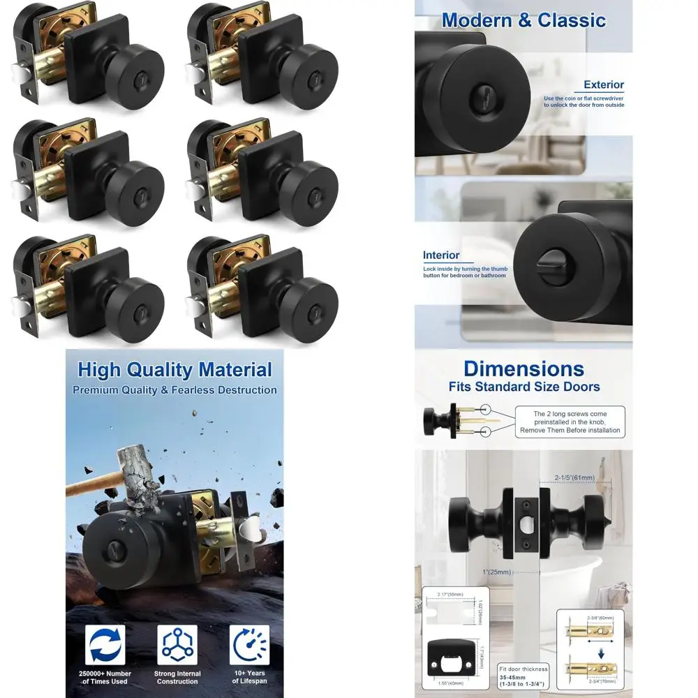 

Keyless Interior Door Knobs, 6-Pack Matte Black Privacy Locks for Bedrooms and Bathrooms, Classic Design with Lock Inside