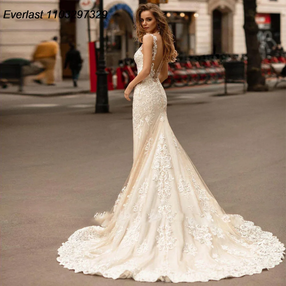 EVLAST Customized Mermaid Wedding Dress 2025 Strapless Lace Applique Beading Vestido De Novia Bridal Gown Robe De Mariee TMD10
