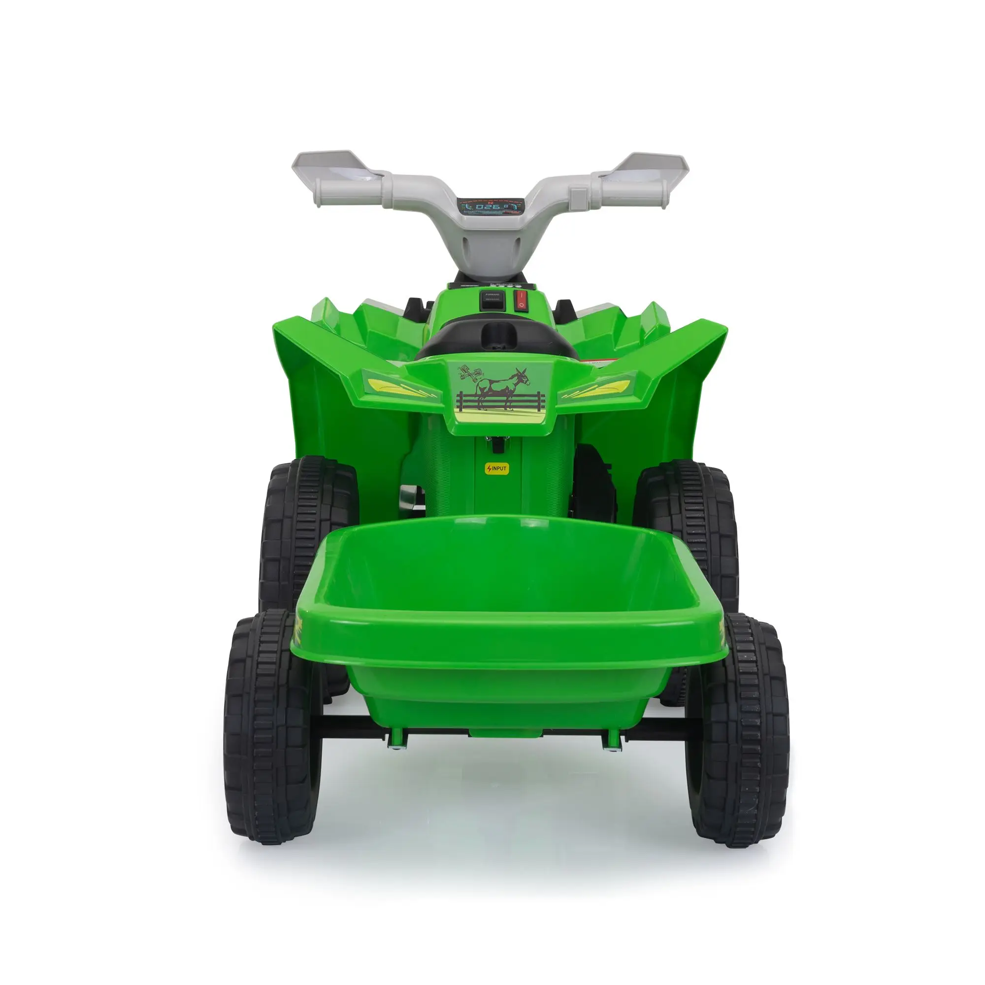 ATV elétrico infantil de 6 V, passeio de carro infantil com reboque, música, Bluetooth e display de energia para meninos e meninas, verde