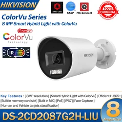 Hikvision 8MP IP Camera DS-2CD2087G2H-LIU 4K Smart Hybrid Light With ColorVu Dual-Light Fixed Turret Network Camera Built-in Mic