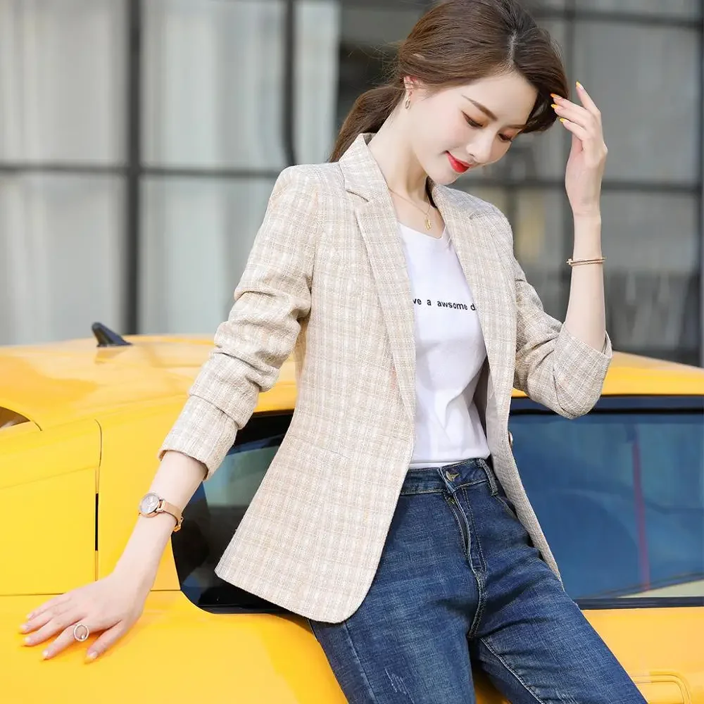 Woman Suit 1 Piece Plaid Blazer Fashion Casual Slim Long Sleeve Jackets Female Single Button Chic Blazers Coat S-4XL