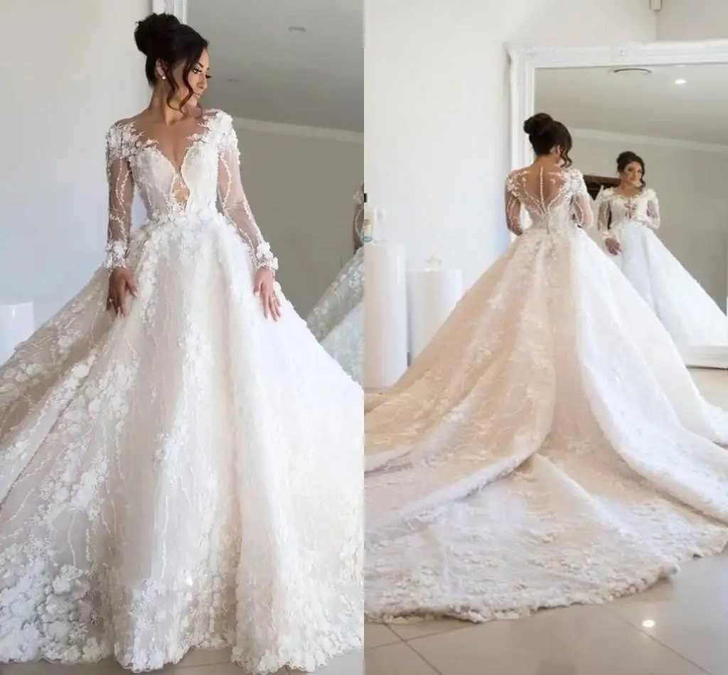 

Customized Scoop Neck 3D Floral Appliques Wedding Dresses Vestido De Noiva Arabic Vintage Long Sleeves Ballgown Bridal Gowns